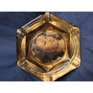 Vintage Glass Ashtray with Renaissance Portrait And Felt Bottom 8.25"